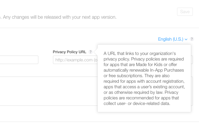 iTunes Connect privacy policy requirements