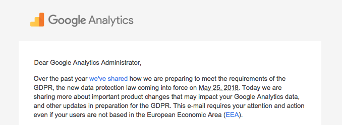 Google Analytics GDPR update notice