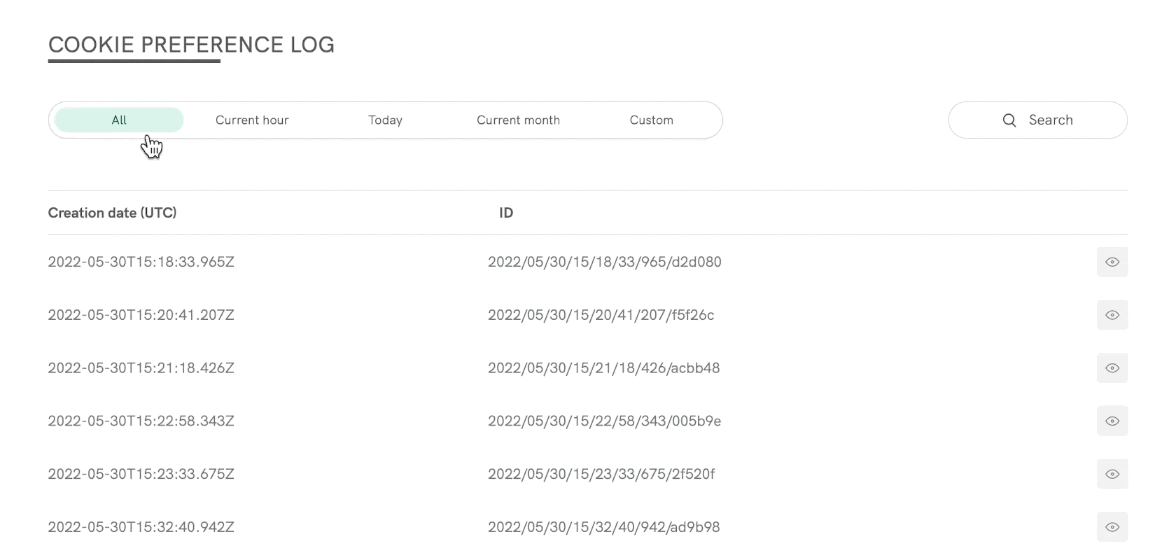 Cookie Preference Log - Filter by date and time