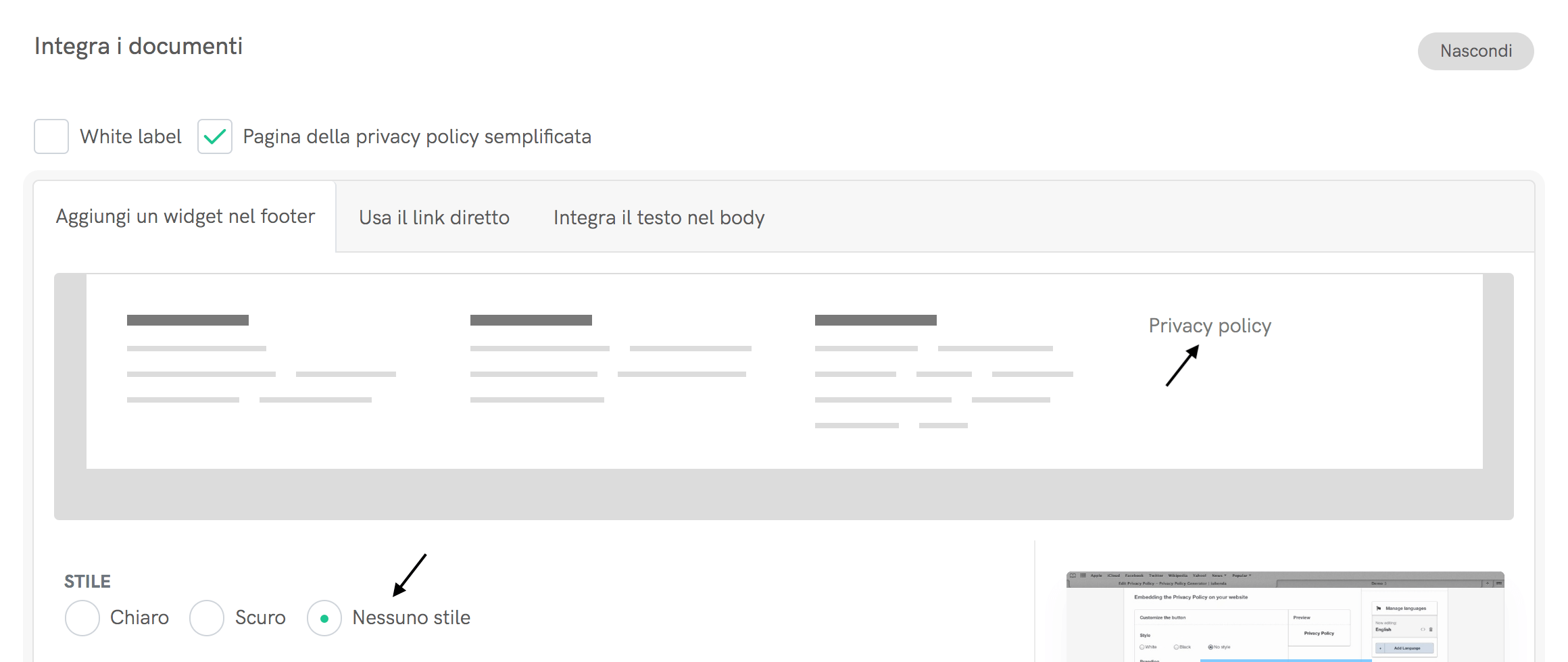 Nessuno stile per il pulsante Privacy policy