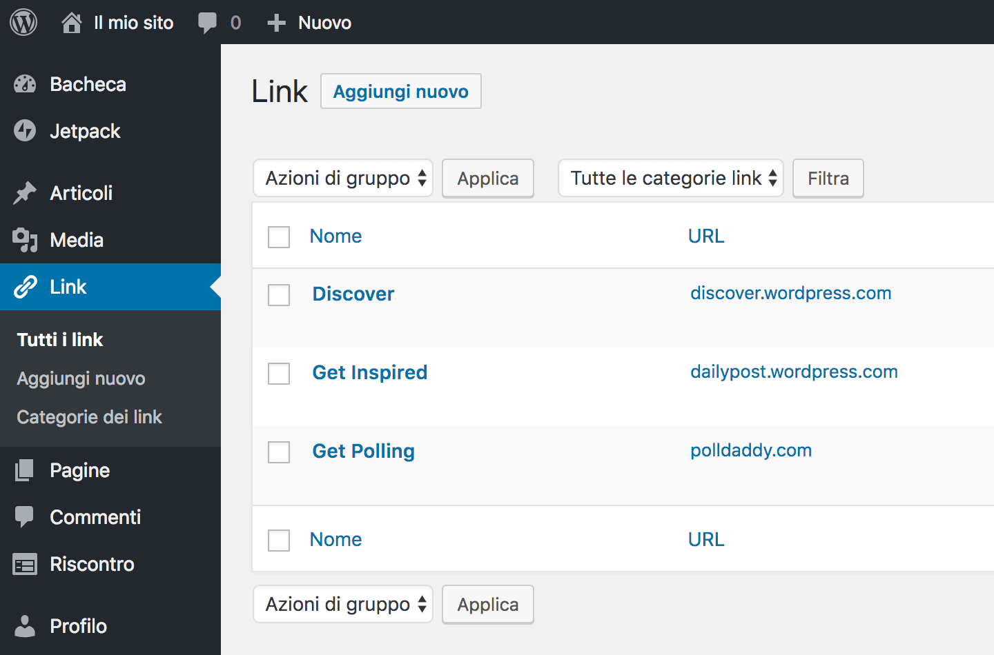 WordPress - Aggiungi link