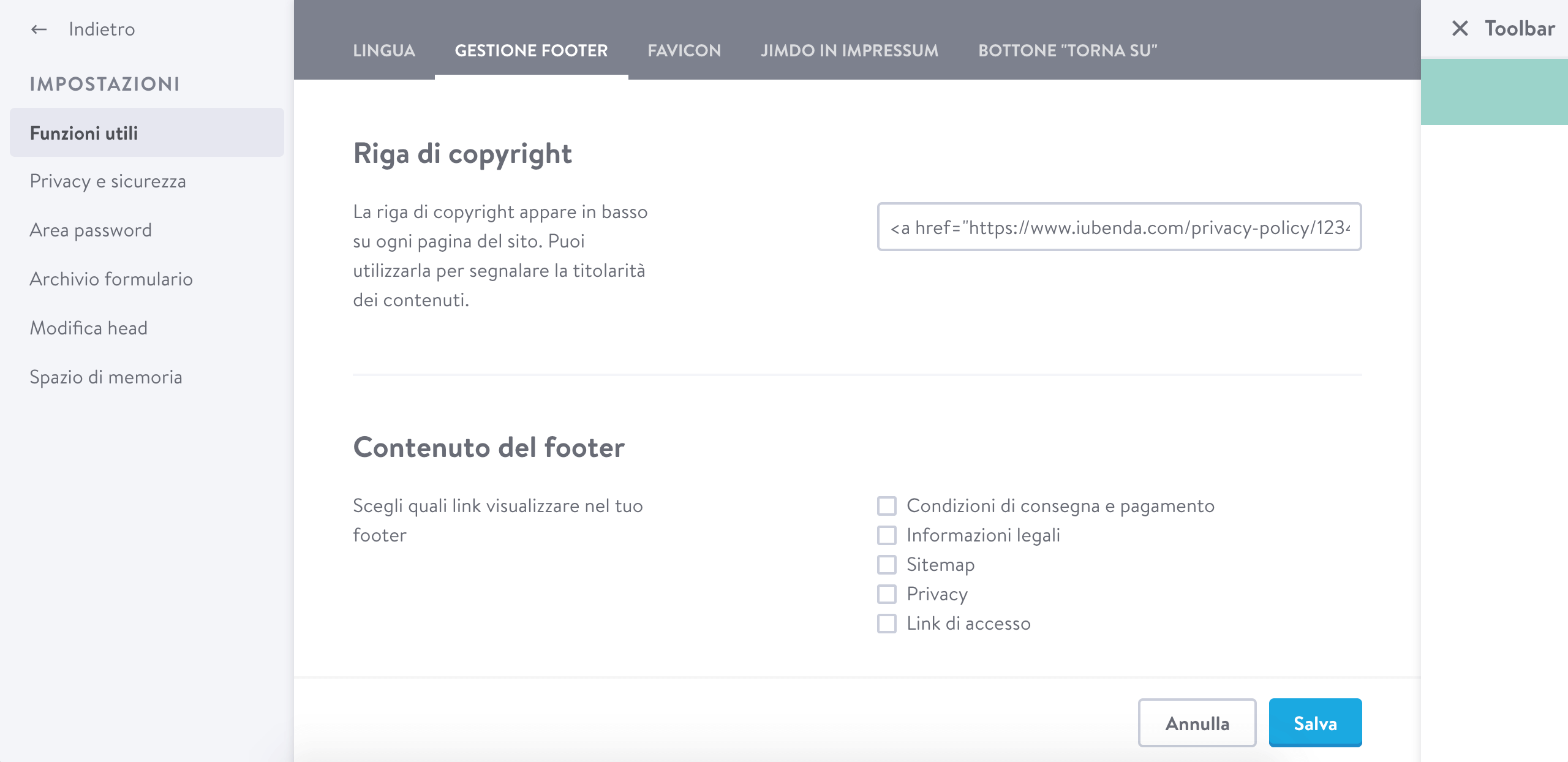 Jimdo - Link della privacy policy di iubenda a footer