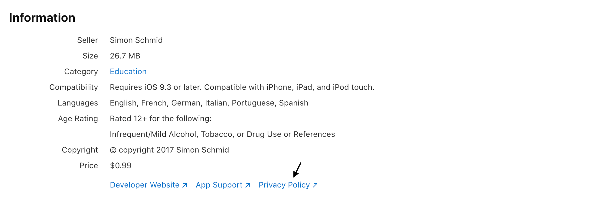Learnji on the App Store - Privacy Policy link