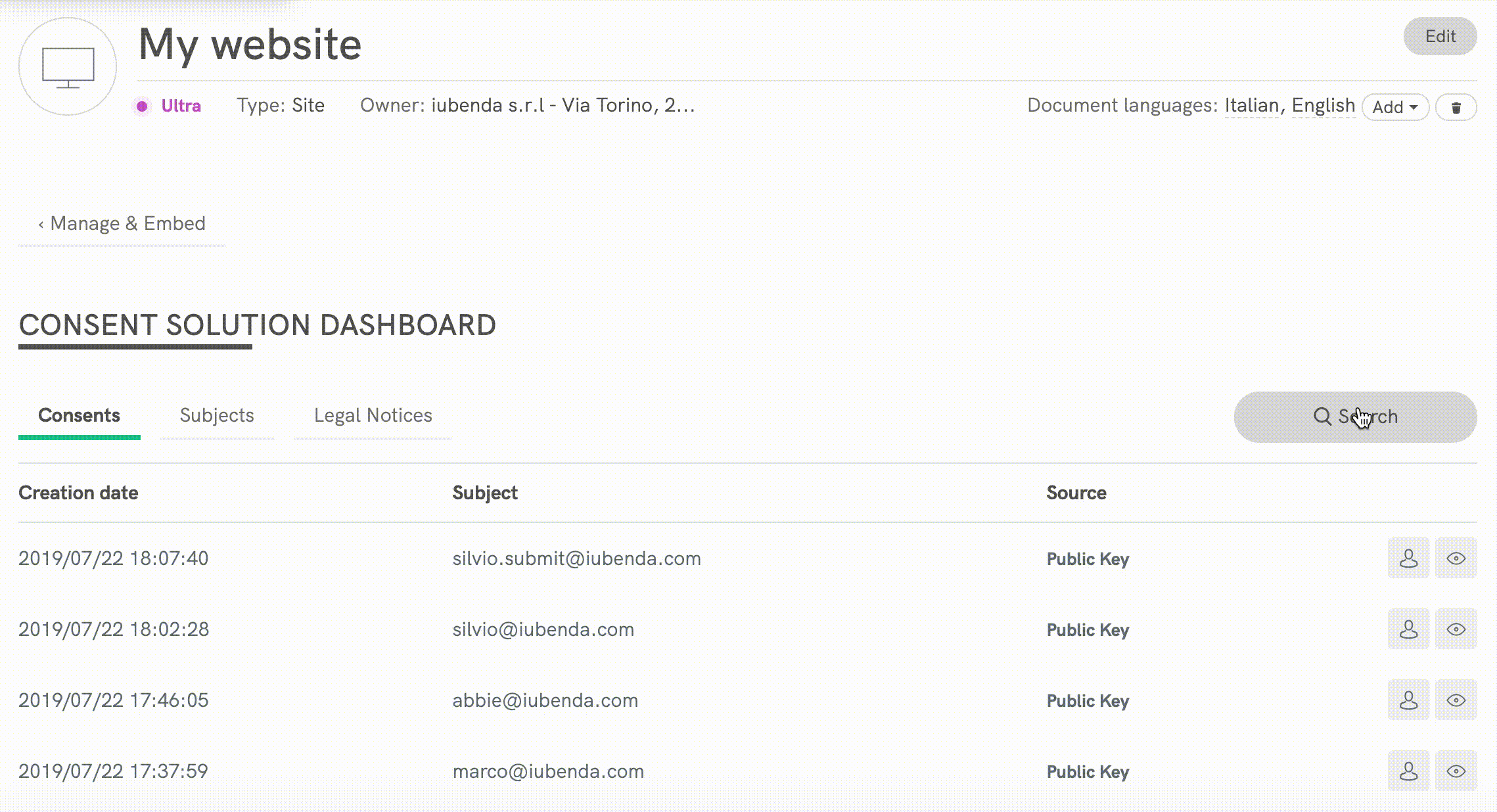 Consent Solution Dashboard - Consentimento, titulares e avisos legais (função de pesquisa)