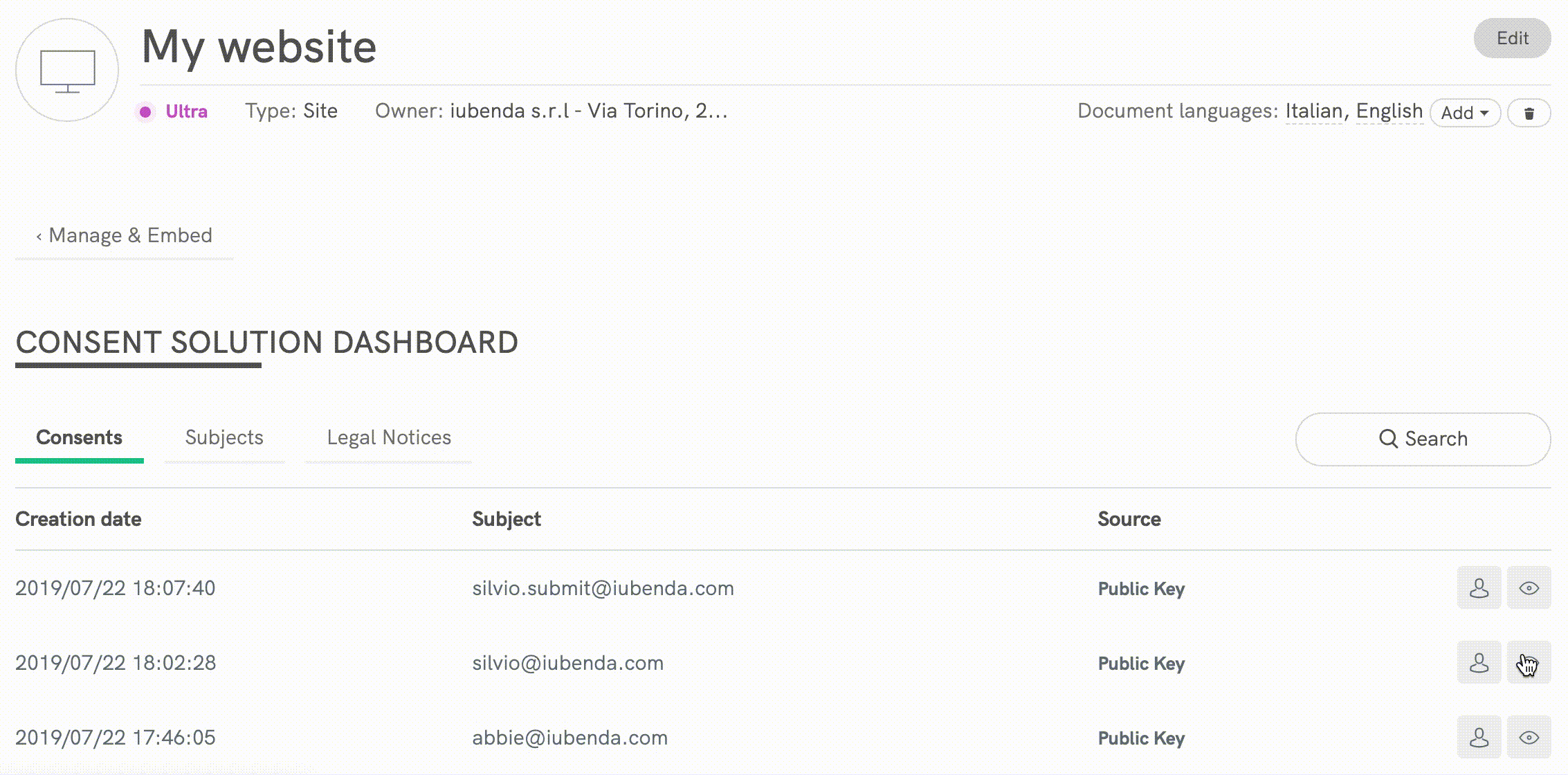 Consent Solution Dashboard - Consentimento, titulares e avisos legais (detalhes)