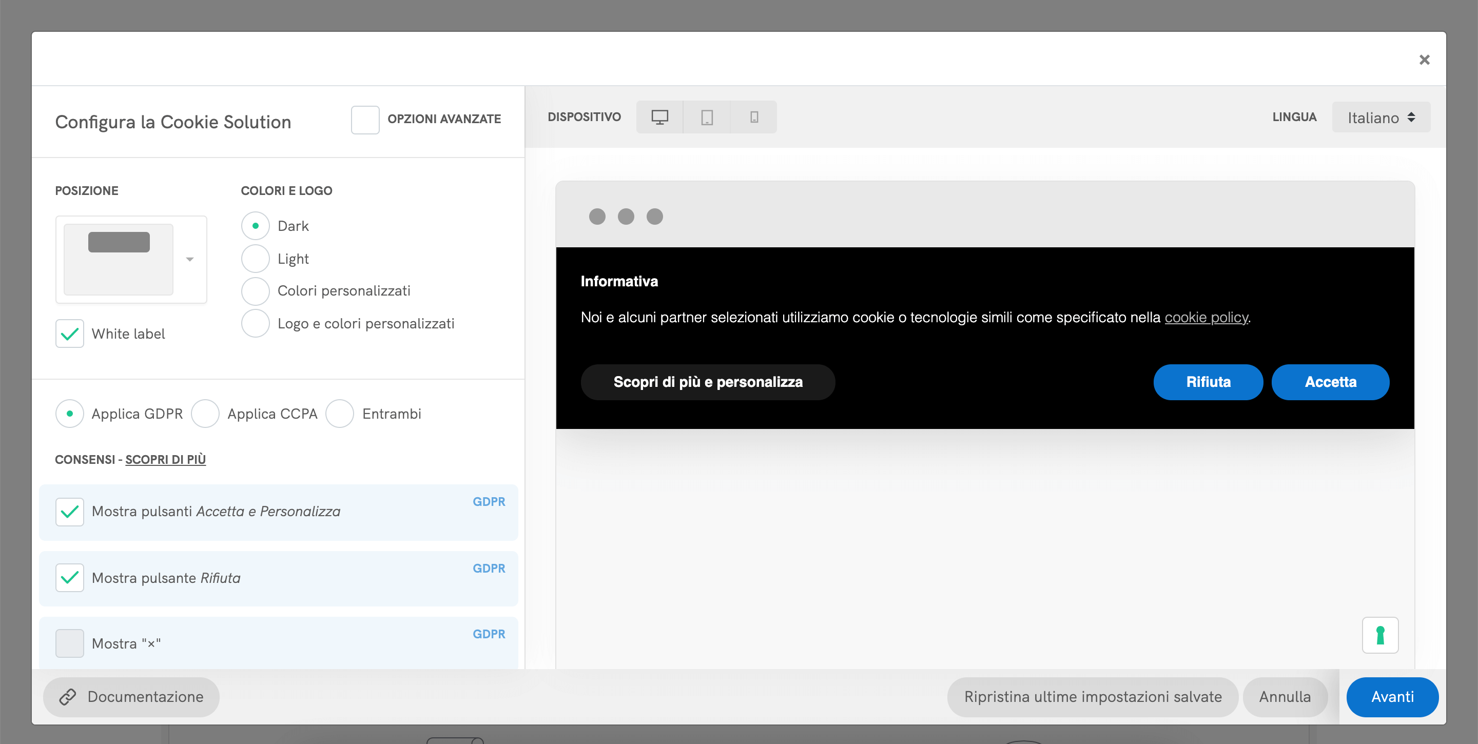 Cookie Solution - Configurazione del cookie banner