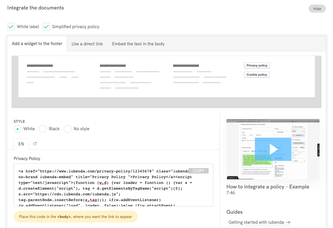 Politique de confidentialité - ajouter un widget au pied de page (Shopify)