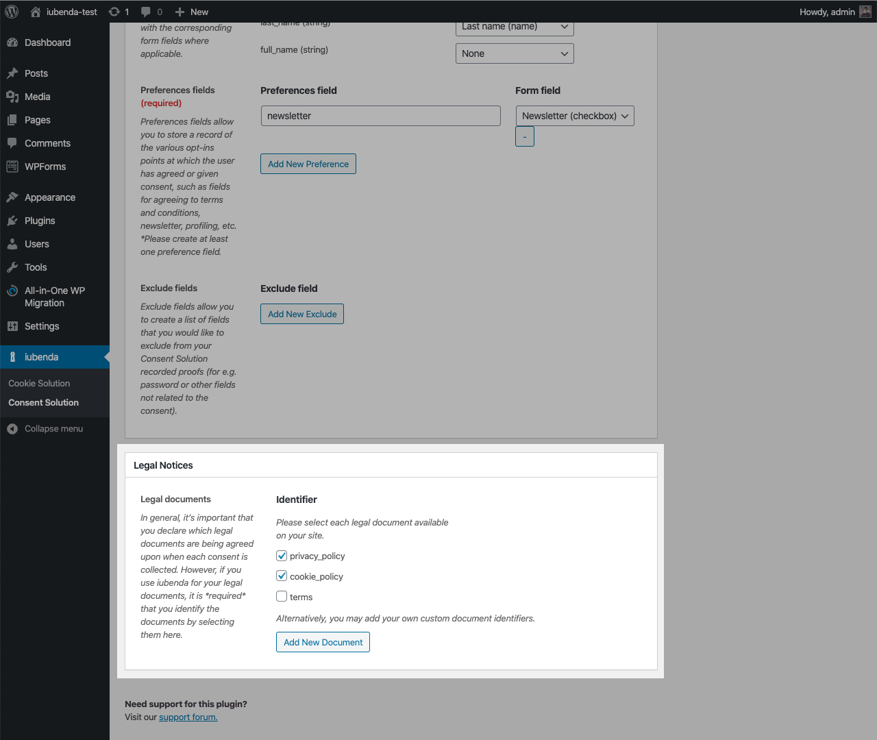 Consent Database WordPress plugin - Legal documents
