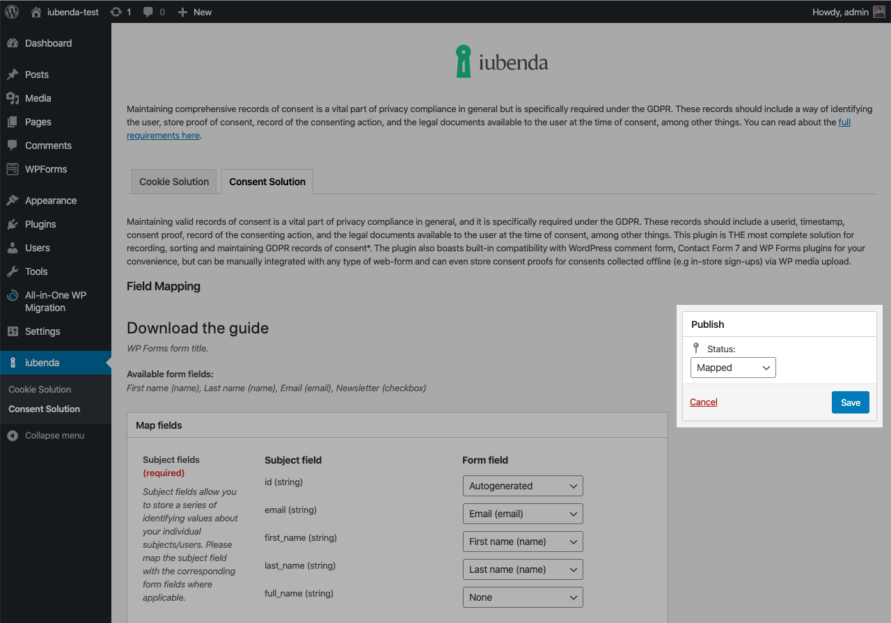 Consent Database WordPress plugin - Publish