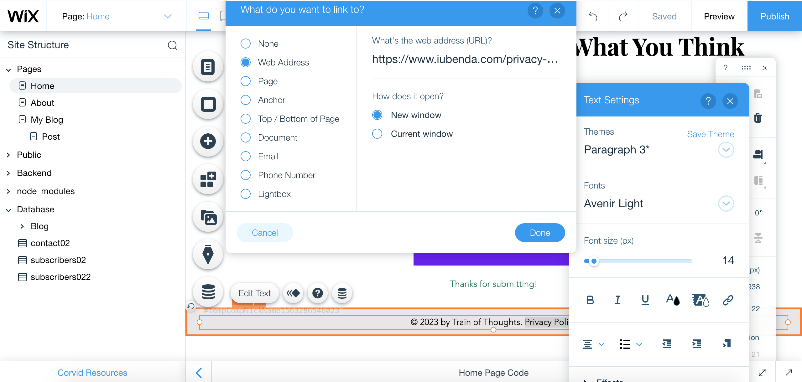 Editor Wix - link da política de privacidade (endereço web)
