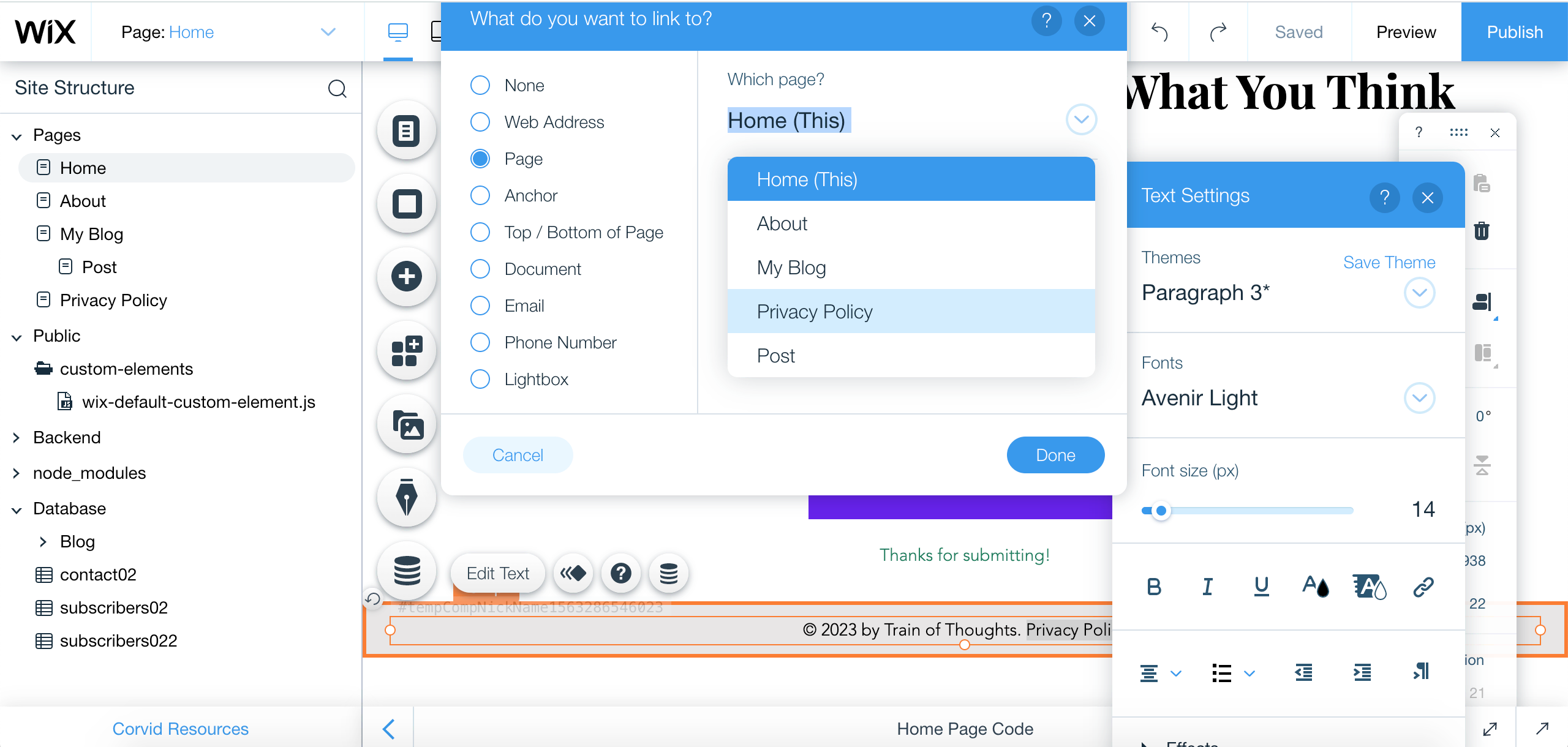Editor Wix - link da política de privacidade (página)