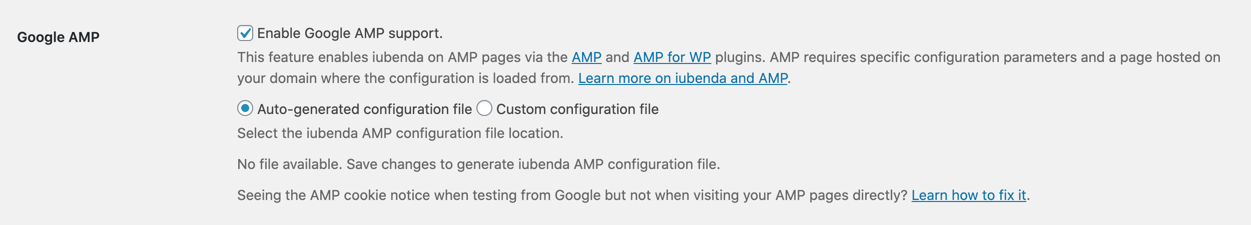Opzioni 'Google AMP support' (plugin WordPress di iubenda)