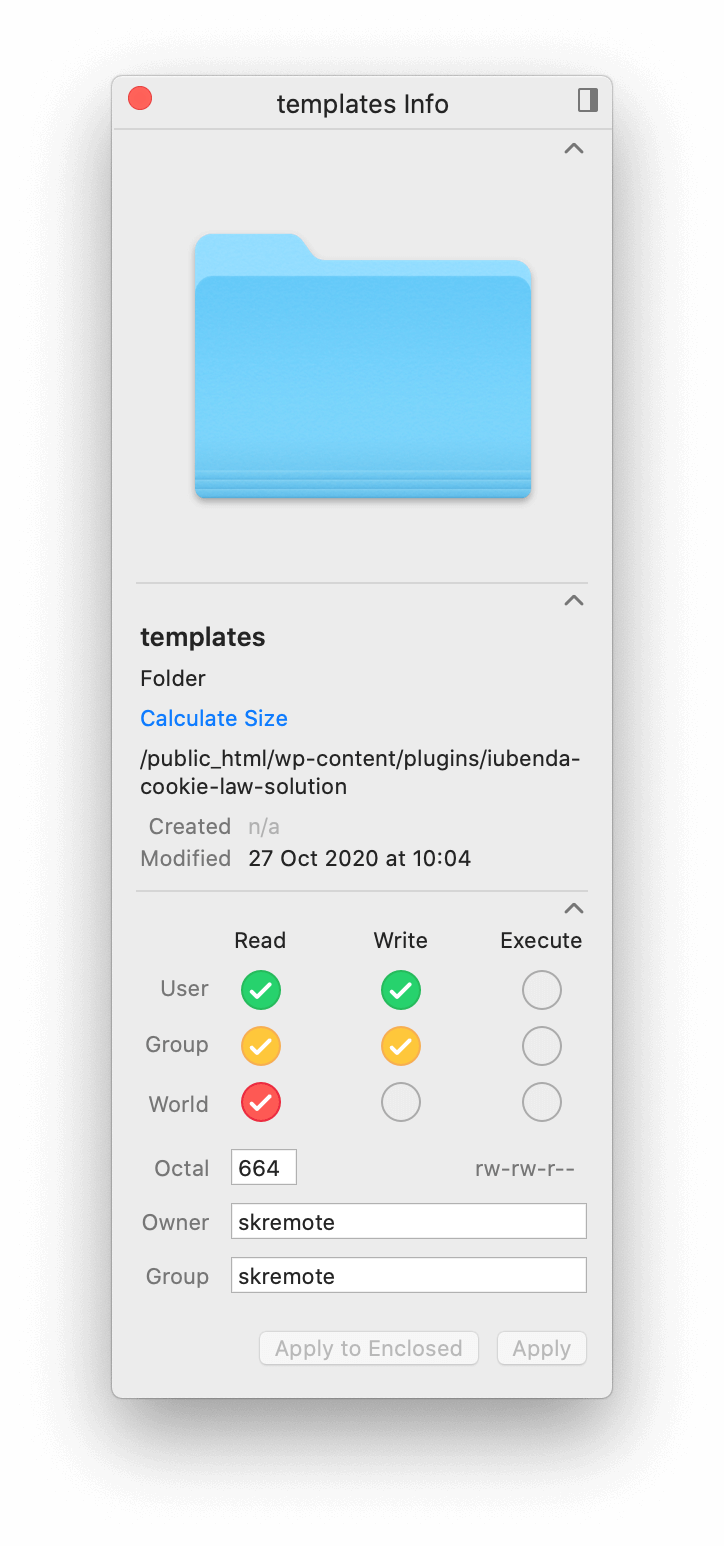 Permessi per la cartella templates (plugin WordPress di iubenda)
