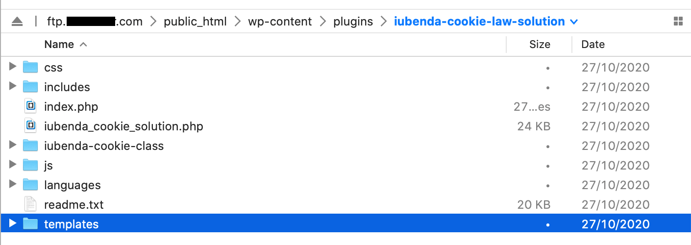 Cartella templates (plugin WordPress di iubenda)