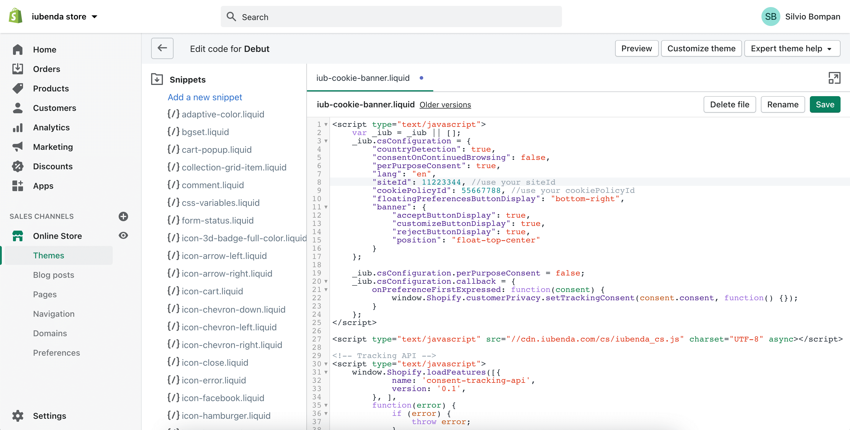 Shopify - snippet da Cookie Solution