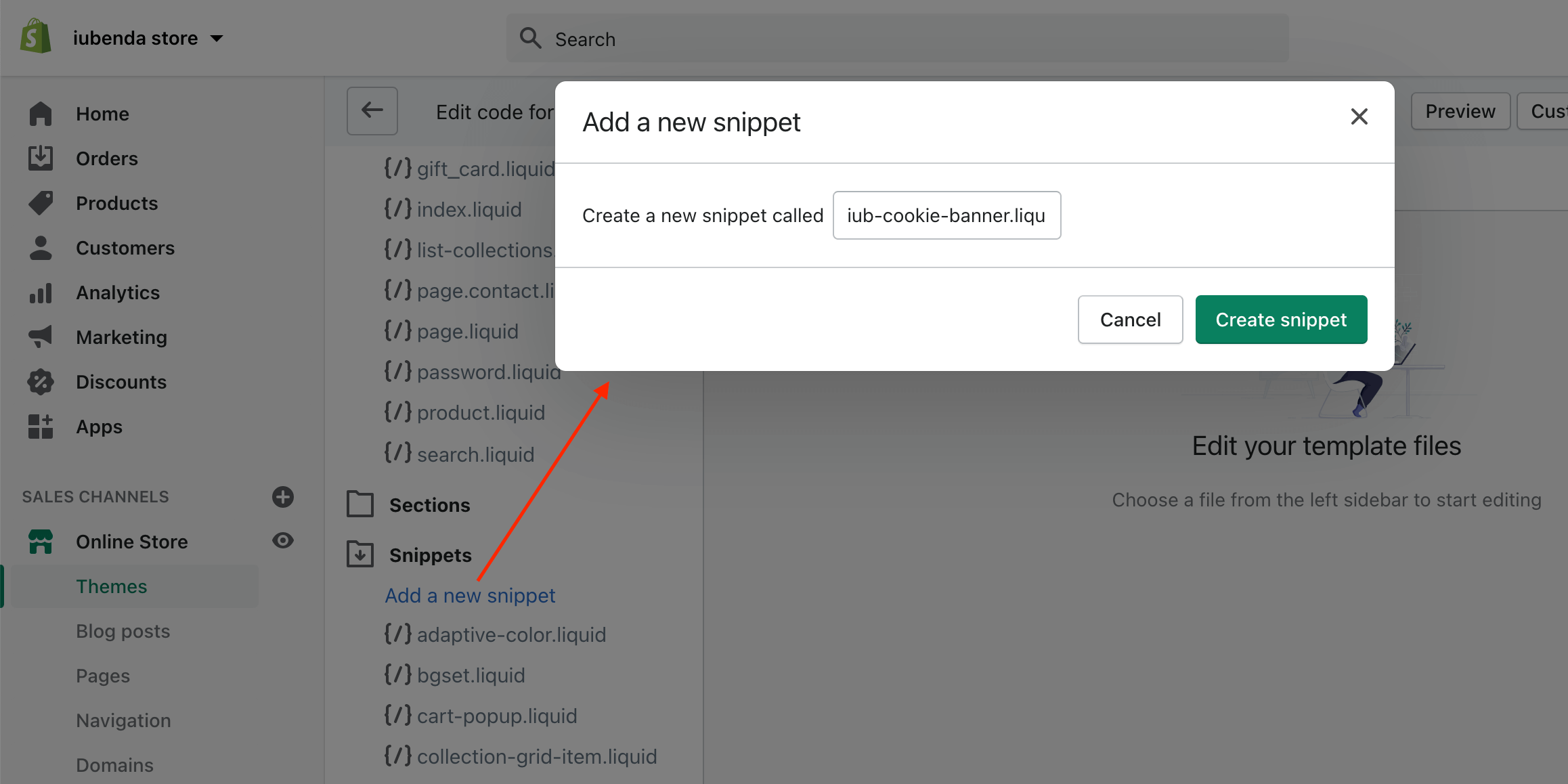 Shopify - Adicionar um novo snippet