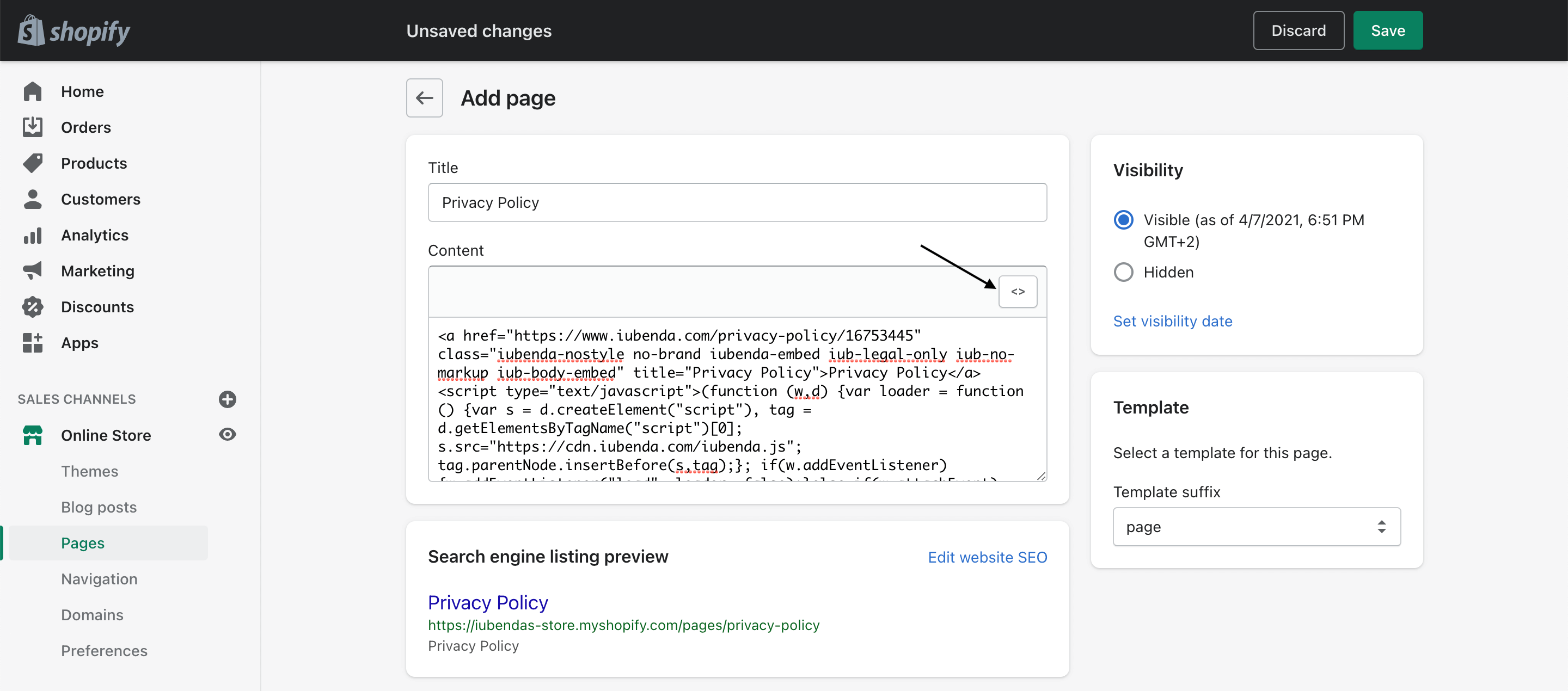 Shopify + iubenda : page politique de confidentialité