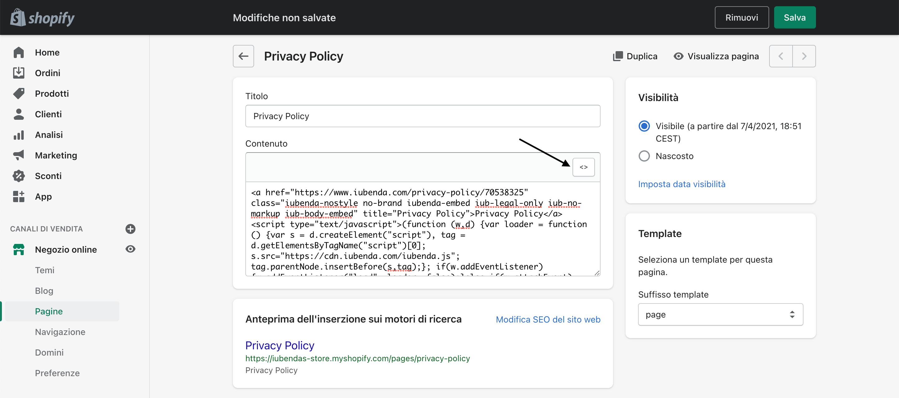Shopify e iubenda - Pagina Privacy Policy