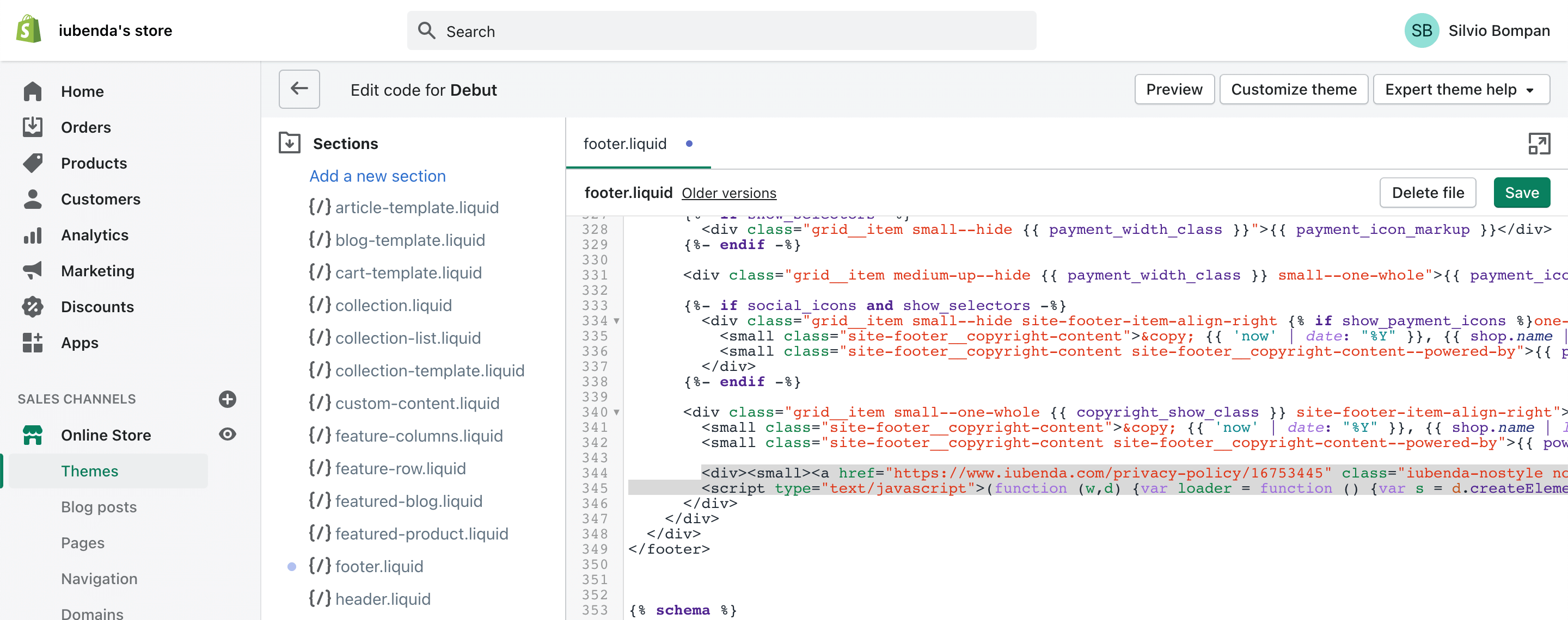 Shopify + iubenda : widget politique de confidentialité