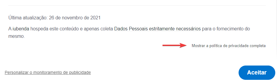 Link da Política de Privacidade dentro da política de cookies