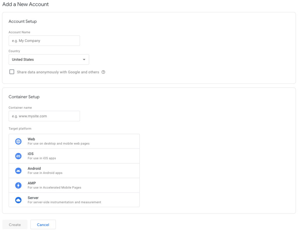 create an account and a container