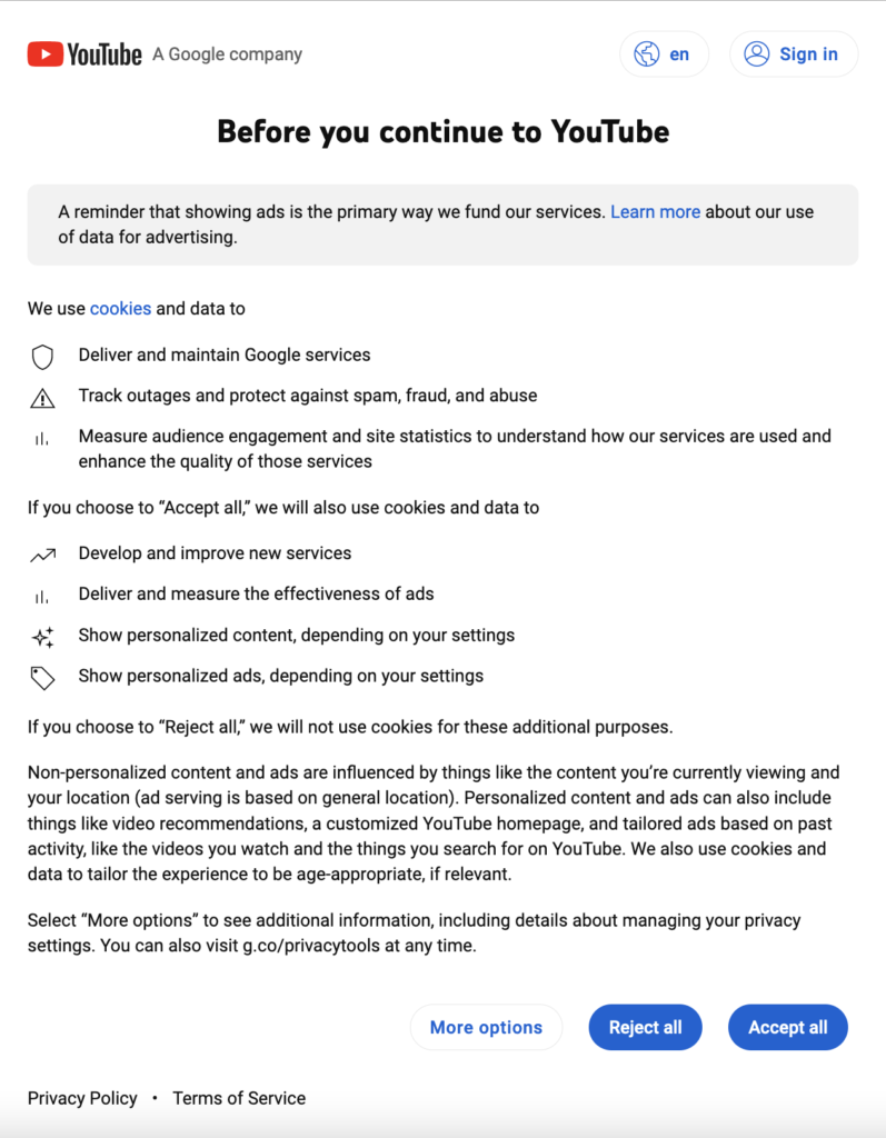 Youtube Cookie banner