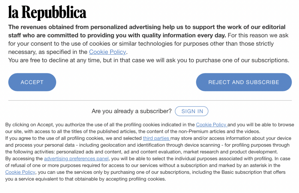 Example of publisher cookie policy