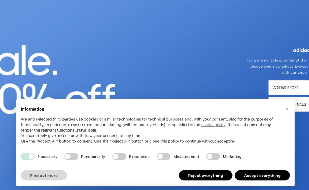 Cookie policy example from Adidas site