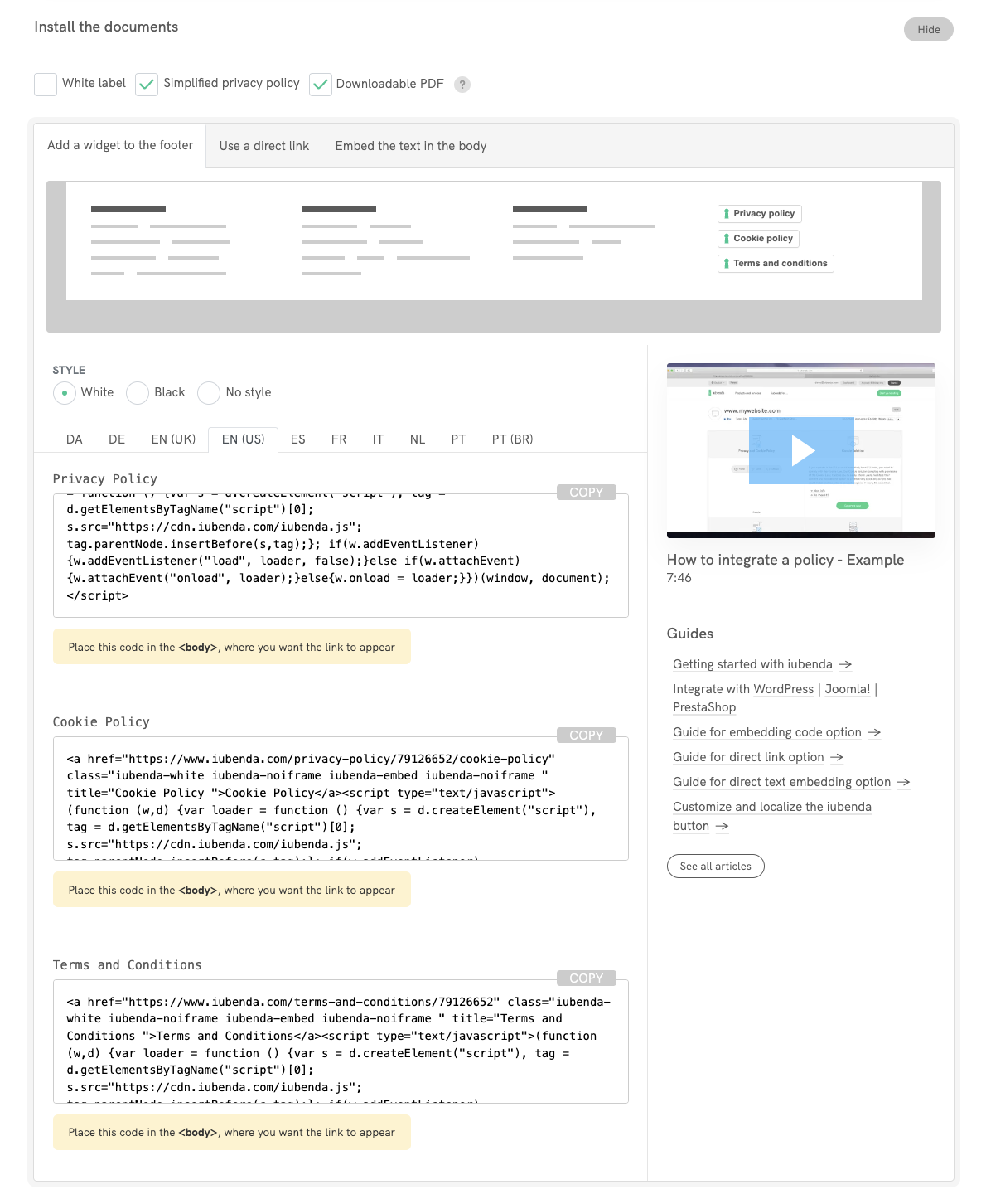 iubenda Legal Documents - Integration options