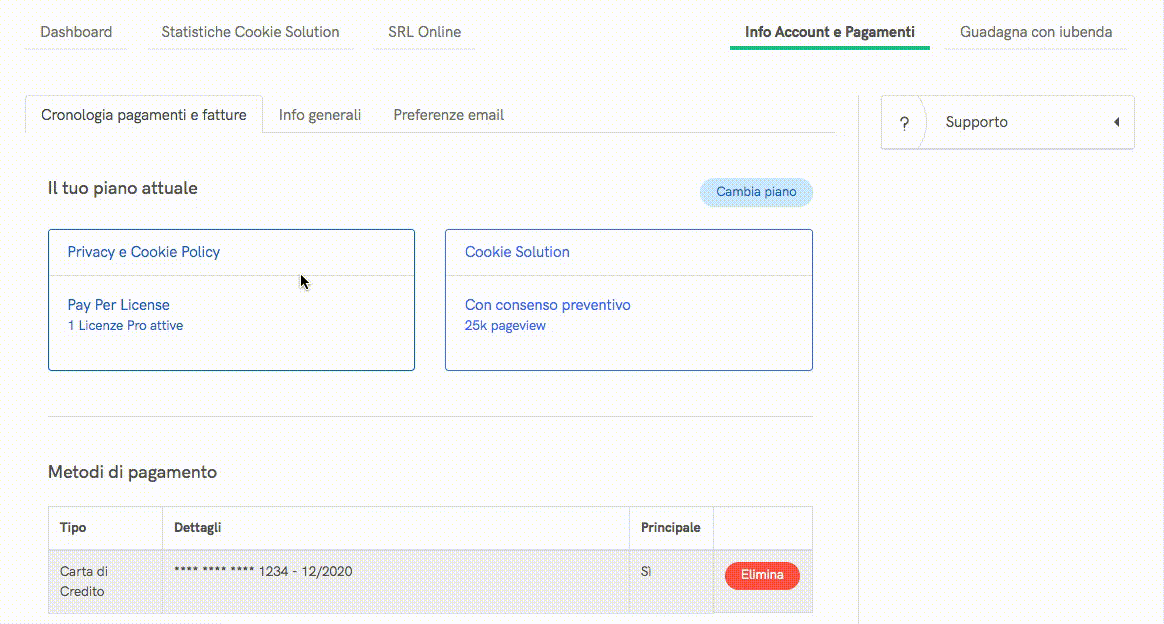 Aggiungi Carta di Credito o account PayPal