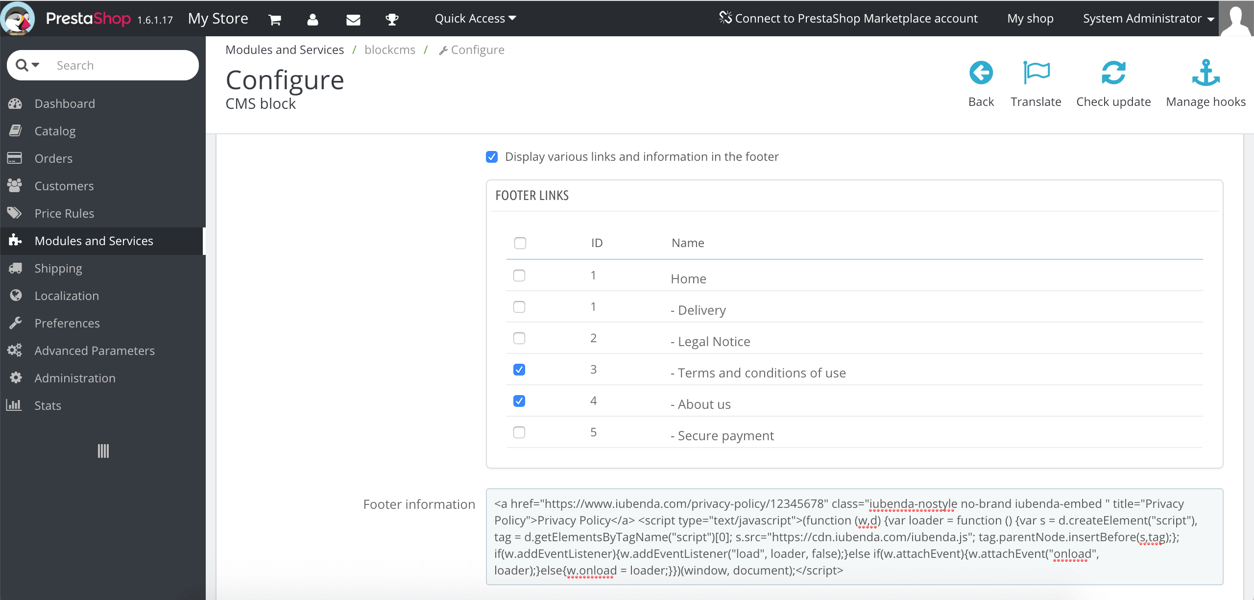 iubenda Privacy and Cookie Policy on PrestaShop 1.6