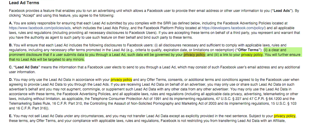 Facebook Lead Ads privacy policy