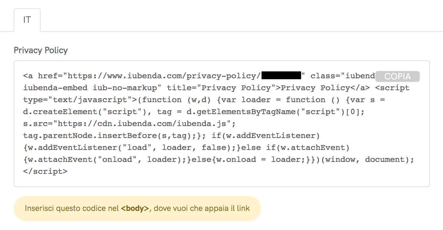 Codice di inserimento della privacy policy