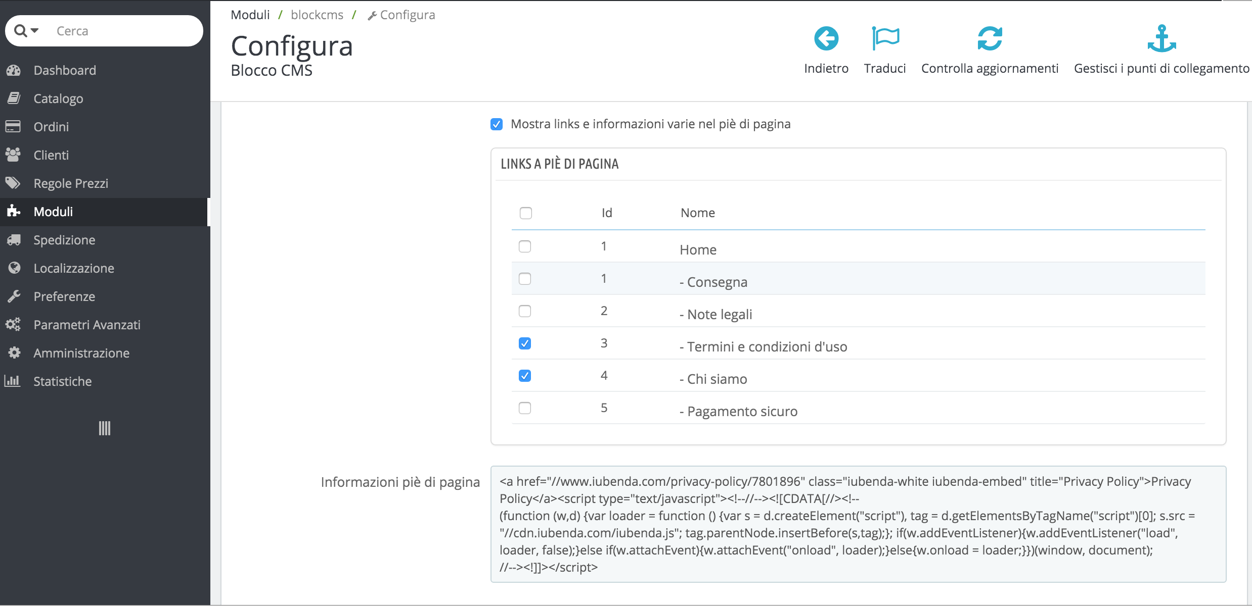 Privacy e cookie policy di iubenda su Prestashop 1.6