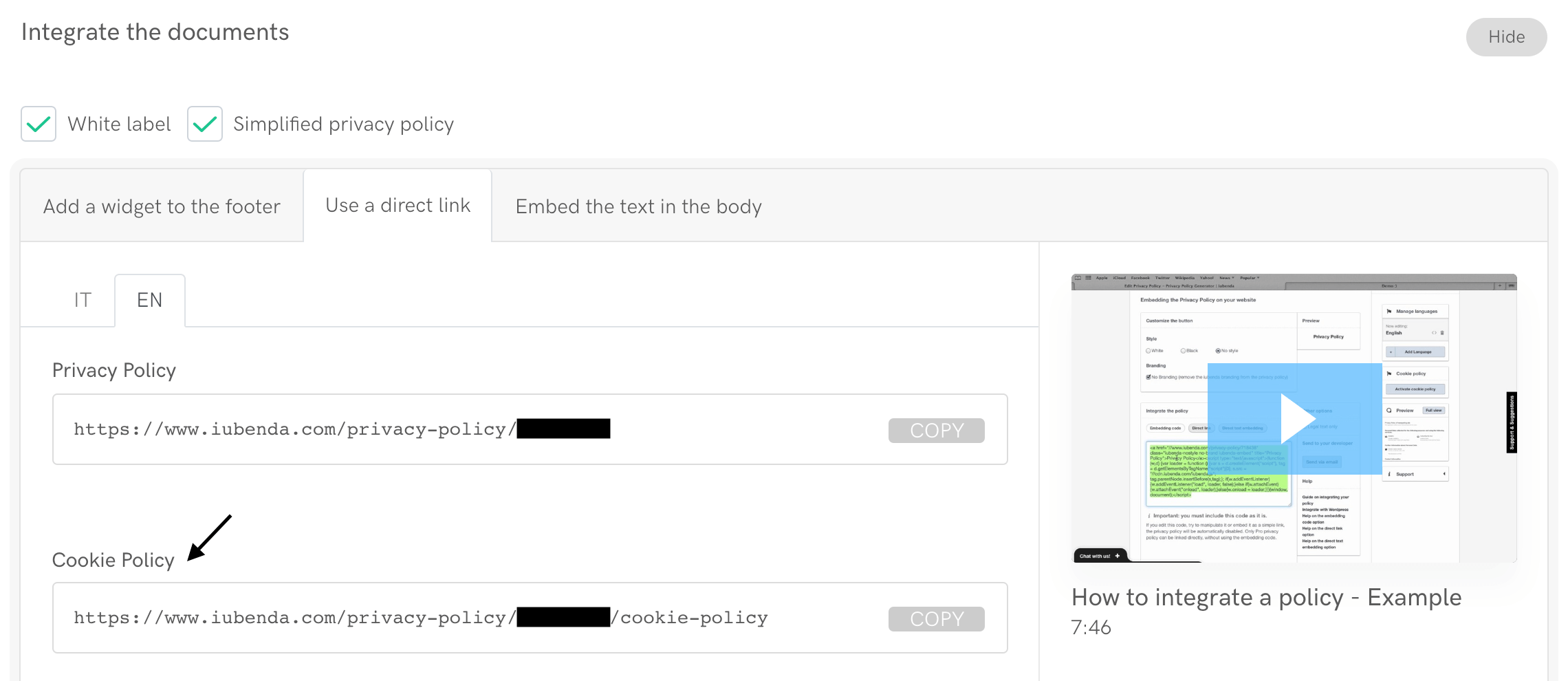 Cookie policy integration
