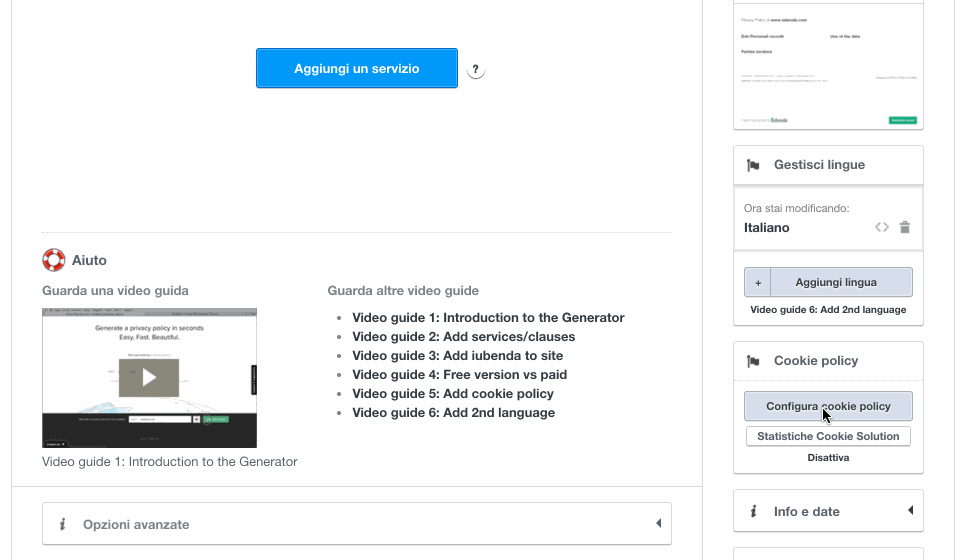 Codice di integrazione della Cookie Solution