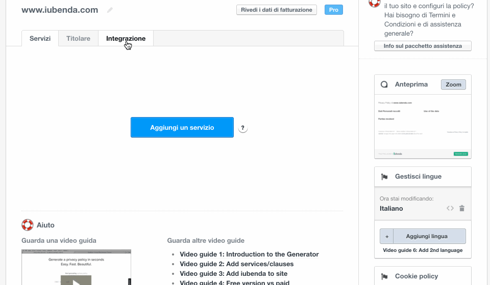Codice di integrazione della Cookie Solution
