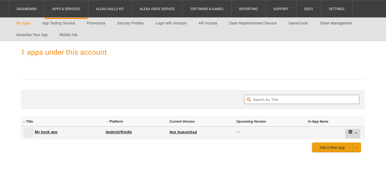 Amazon dev account, apps page