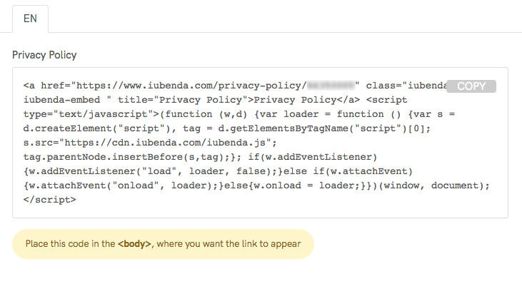 Privacy policy sample embed code