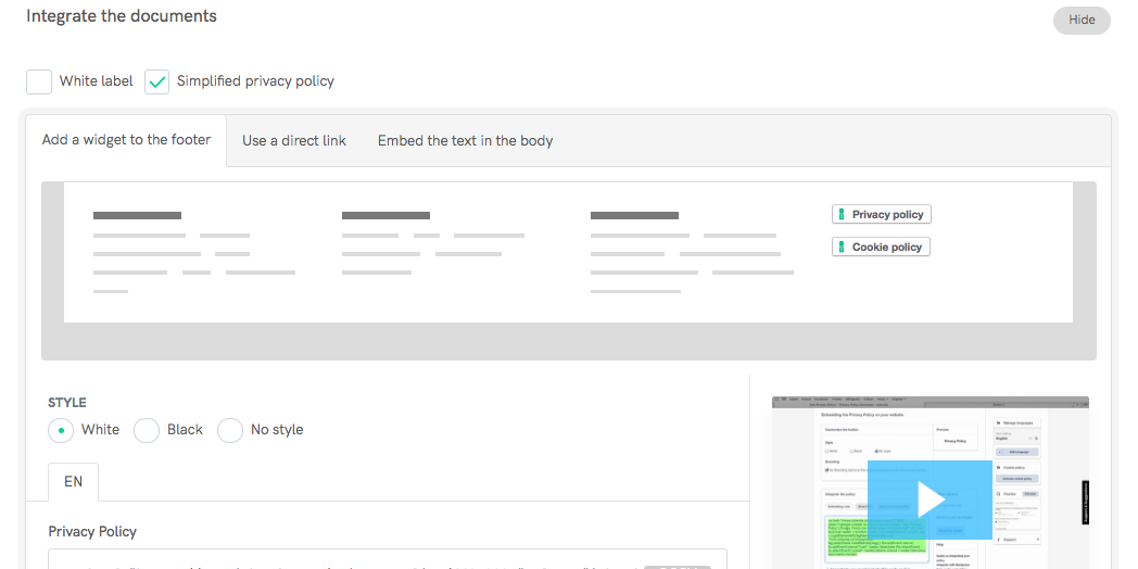 Integration options for the Privacy and Cookie Policy