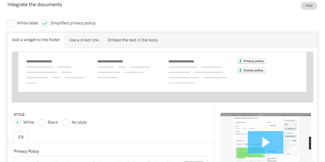 Integration options for the Privacy and Cookie Policy