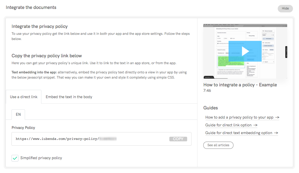 Integration options for the Privacy and Cookie Policy in Apps