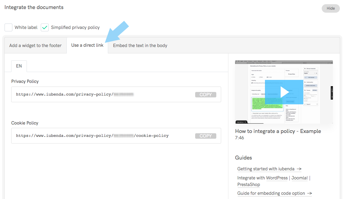 direct link integration iubenda