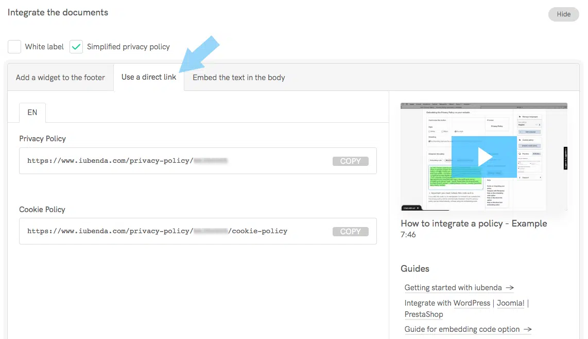 direct link integration iubenda