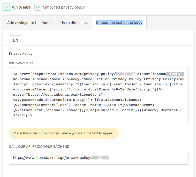 iubenda embed text in body code snippet