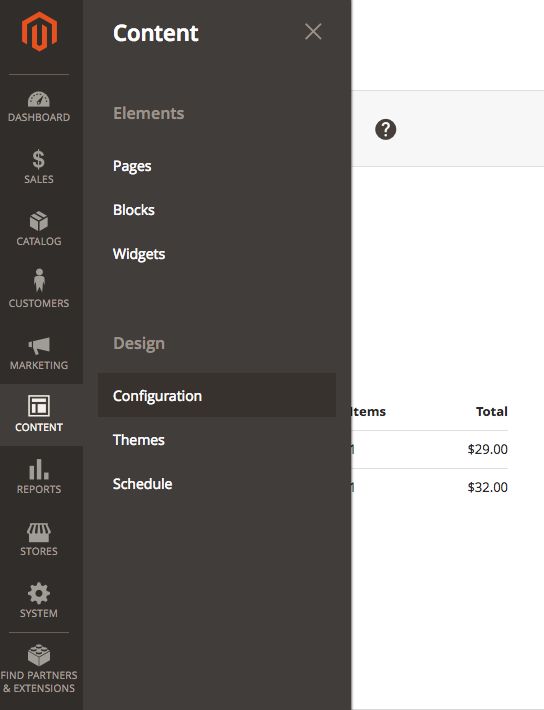 Configurazione del Content nell'admin di Magento