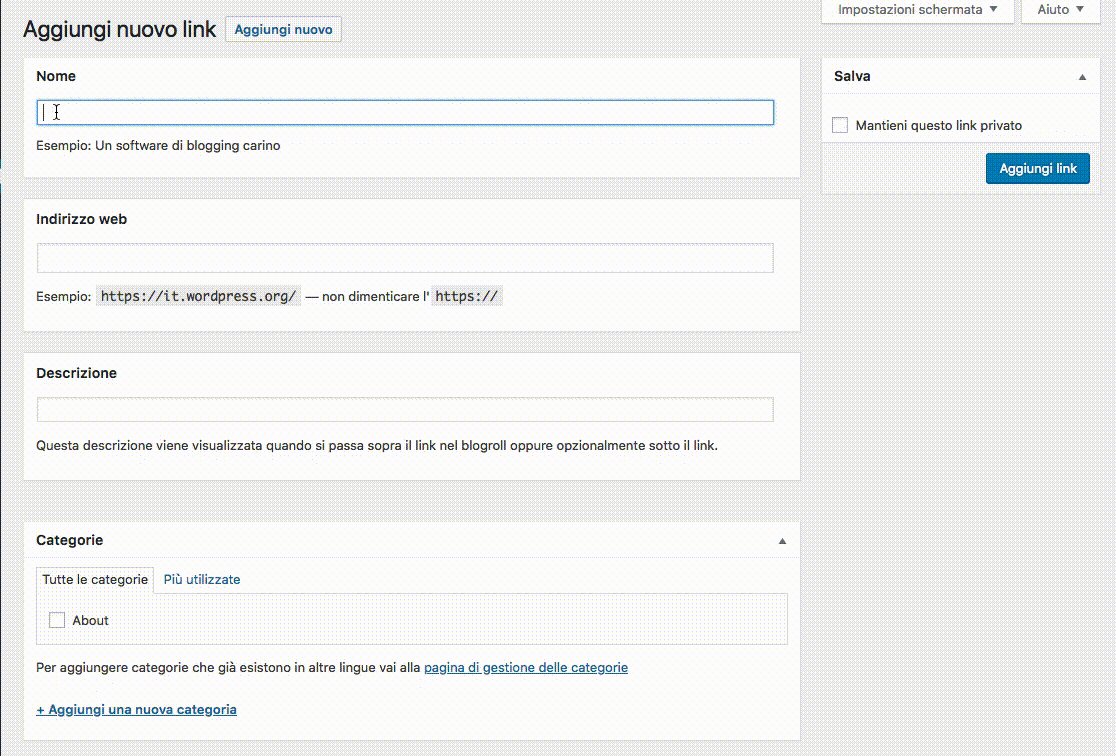 WordPress - Aggiungi link