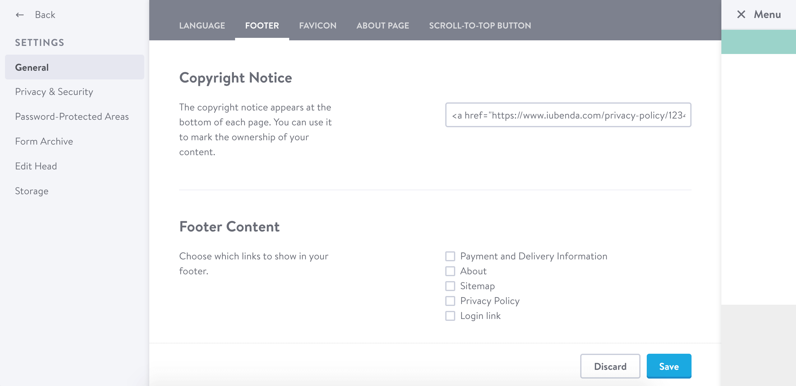 Jimdo - iubenda direct link