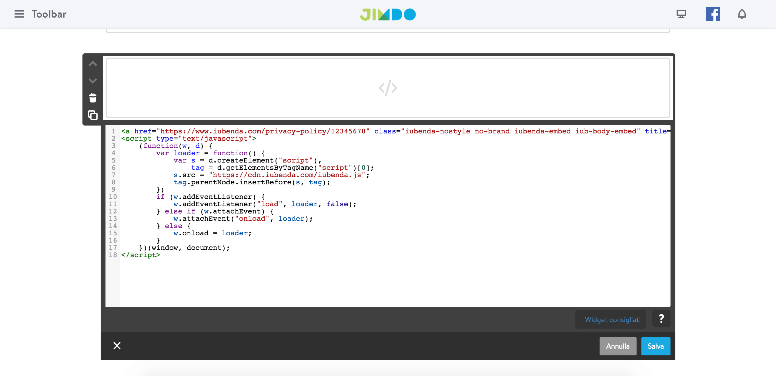 Jimdo - Inclusione diretta della Privacy Policy di iubenda