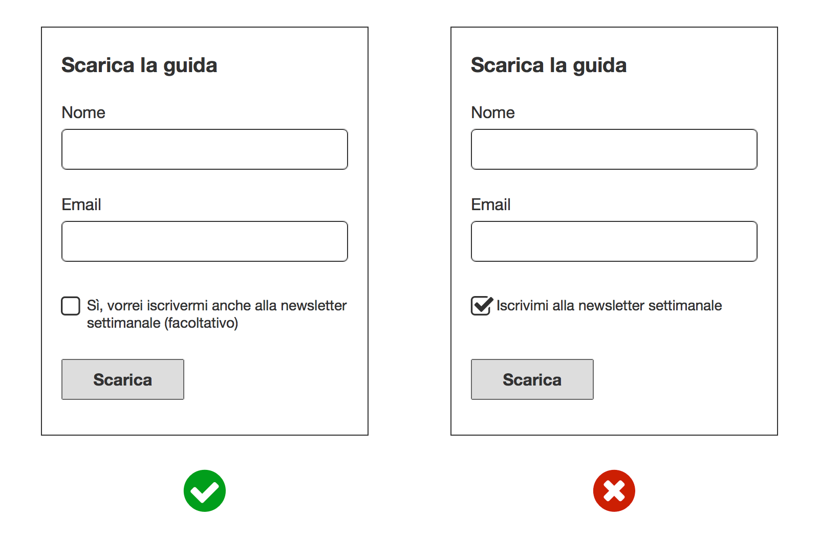 Esempio di form a norma di GDPR - Evita le caselle pre-selezionate